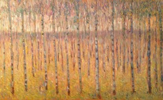 L'incanto dei ricordi, di Gigi Busato pittura olio su tela tronchi di alberi e riflessi di piante. Collezione di famiglia