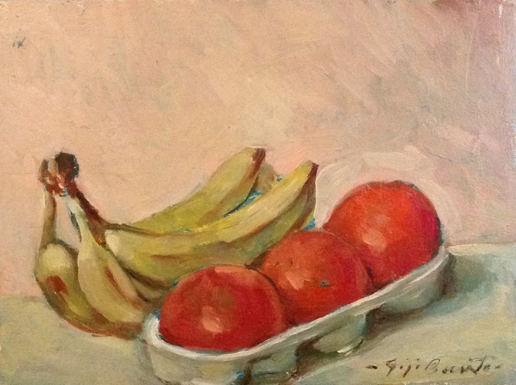 Frutta di Gigi Busato. Pittura olio su tela di frutta, banane. Collezione di famiglia.