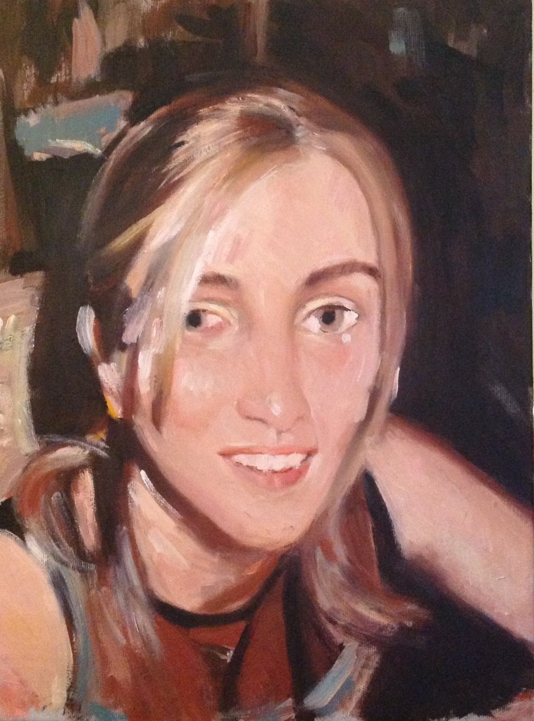 Ritratto di Gigi Busato. Pittura olio su tela, ritratto di giovane donna bionda. Collezione di famiglia.